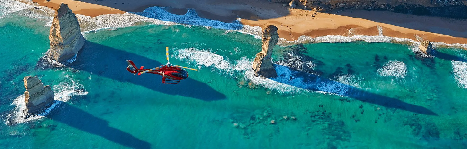 Aerial view of the Twelve Apostles coastline and turquoise Southern Ocean